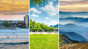 a collage of photos of mountains and a body of water