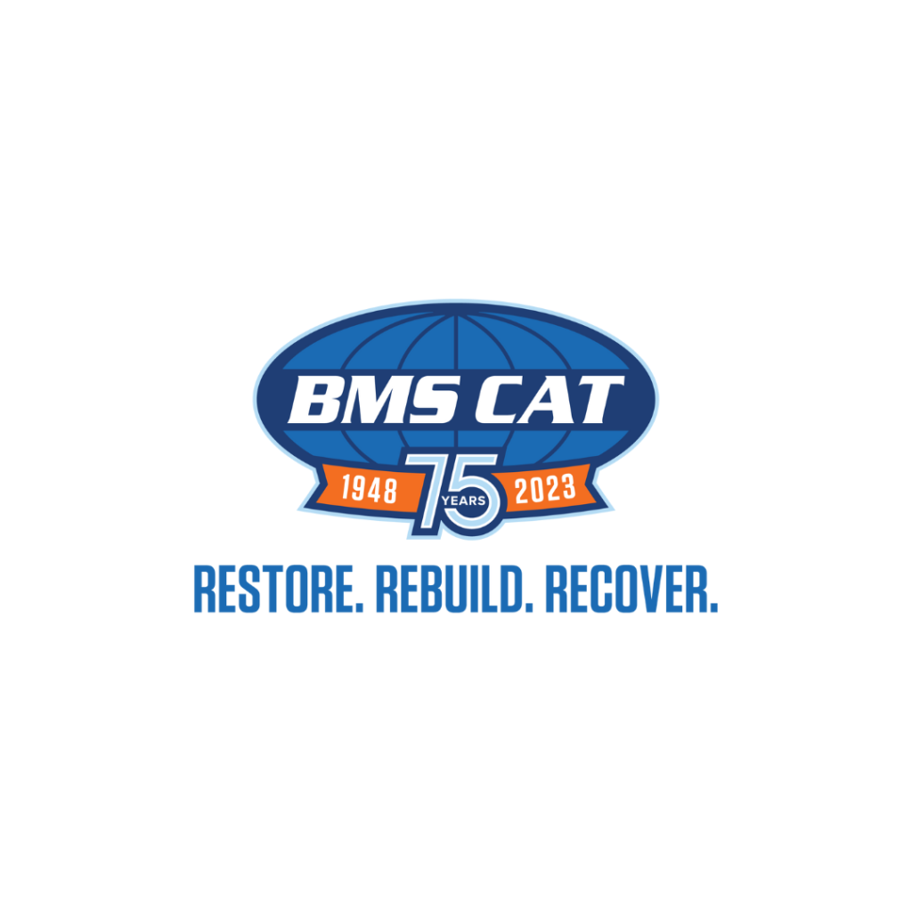 the bms cat logo is shown in blue and orange